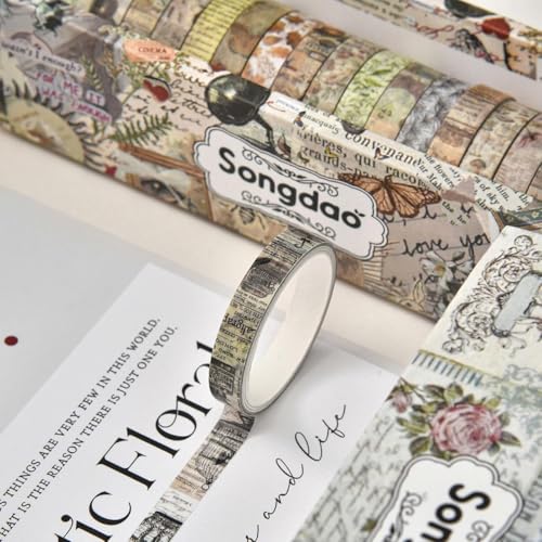Image of HASTHIP 20pcs Vintage Botanical Washi Tape Set, Retro Floral Scrapbook Masking Tape for Journaling, Planners, DIY Crafts, Decorative Ephemera Paper Tape Rolls, 7mmx20m Per Roll