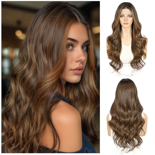 Sapphirewigs Highlight Lace Front Wig Dark Brown 13x4 Synthetic Body Wave Synthetic Lace Front Wigs Ombre Brown Party Date Daily Wear Christmas Natural Looking 26 inch