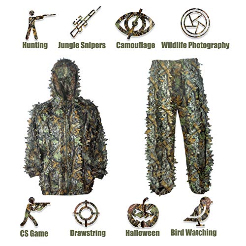 3D Leaf Ghillie Suit Ghillie Jackets and Pants Camouflage Clothing Hooded Hunting Suits for Children Youth Adult Airsoft Paintball Shooting Airsoft Wildlife Photography Halloween (Medium, Camouflage)