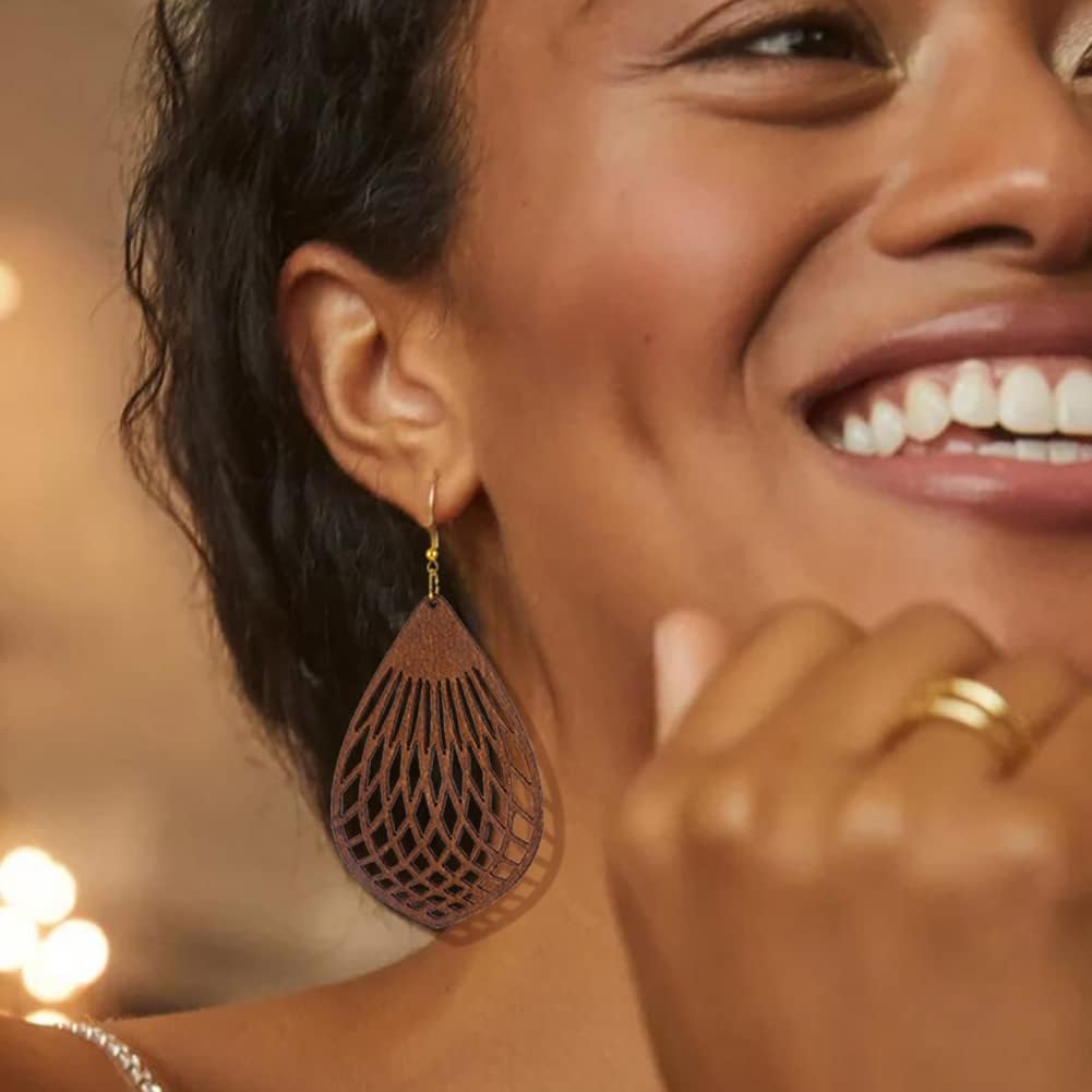 Wood Earrings for Women Natural Wooden Waterdrop Drop Dangle Earring - Image 3