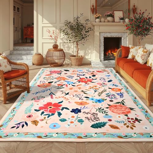 5x7 Floral Rug for Girls Bedroom, Machine Washable Area Rugs with Non Slip Backingfor Living Room, Cute Flowers Carpet Kitchen Dining Room Kids Playroom Decor, Peach White
