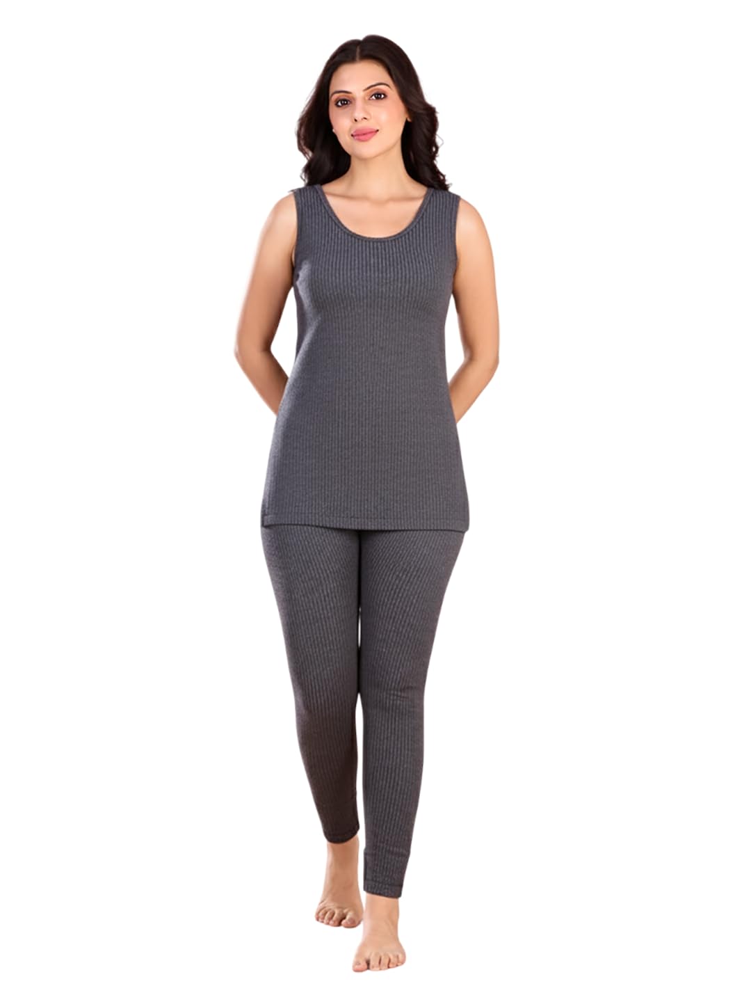 Women’s Thermal Innerwear Set | Slips Top & Bottom | Sleevless Round Neck Winter Wear Charcoal