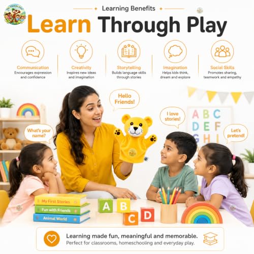 Image of Yellow Lion Hand Puppet for Kids, Soft Plush Animal Puppet, Storytelling Puppet for Preschool, Classroom Learning Toy, Interactive Educational Toy, Role Play Gift for Boys & Girls,