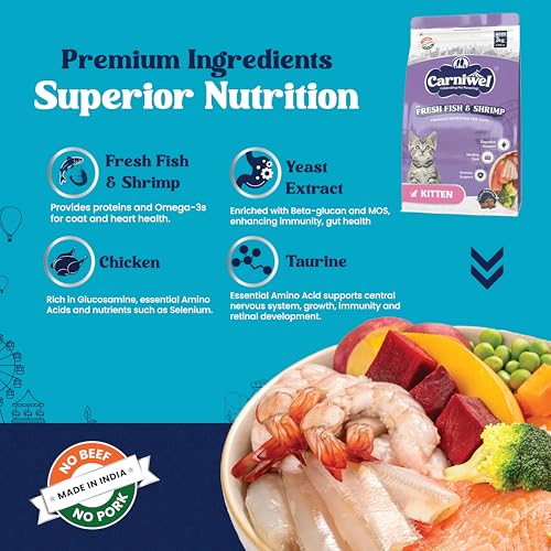 Image of Carniwel Fresh Fish & Shrimp Kitten Dry Cat Food 3 Kg | Fresh & Natural Ingredients | Highly Palatable | Supports Healthy Skin & Glossy Coat | Premium Nutrition