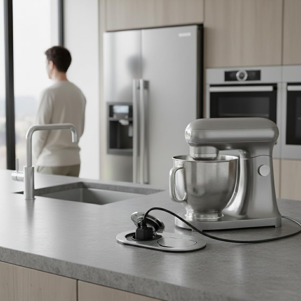 Prise Double Exterieure Etanche IP55 Encastrable Bloc Prise Encastrable Plan de Travail et Mur Double Prise Electrique avec Clapet de Protection 3680 W Type E (aluminium brossé)