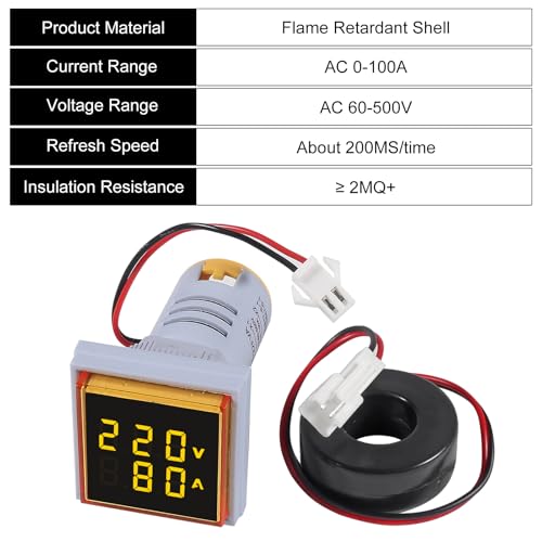Image of 2pcs AC 60-500V 0-100A Digital Ammeter Voltmeter, 22mm Square LED Dual Display Voltage Gauge with Transformer, 110v 220v Voltage Tester Current Meter (Yellow)