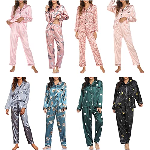HUIOP Pijama de cetim, Conjunto de pijamas femininos de manga comprida macia de cetim com gola ental