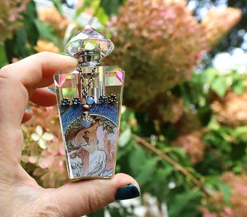 Romantic Bedroom Vanity Decor Vintage Style Alphonse Mucha Art Nouveau Small Glass Perfume Bottle with Dauber Stick Velvet Bottom Crystal Rhinestones Gift for Her Women2