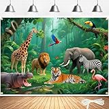 7x5ft Jungle Backdrop with 19.69ft Ribbon - Tropical Rainforest Safari Photography Background for Jungle Party Decor, Kids Birthday, Baby Shower & Photo Booth Props