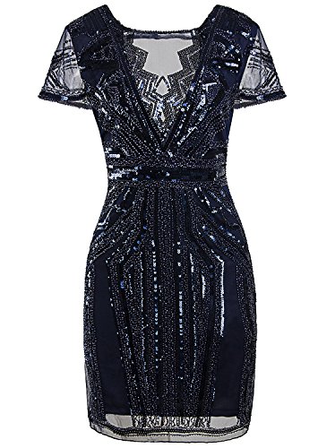Vijiv 1920s Short Prom Dresses V Neck Inspired Sequins Cocktail Flapper Dress,Navy Blue,Large