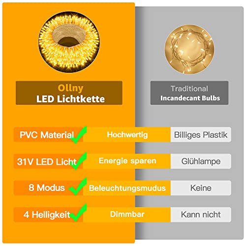 Ollny LED Lichterkette außen 20m 200LED, Lichterketten Strombetrieben mit Fernbedienung und Timer, 8 Modi IP44 Wasserdicht Warmweiß für aussen und innen Garten Hochzeit Party