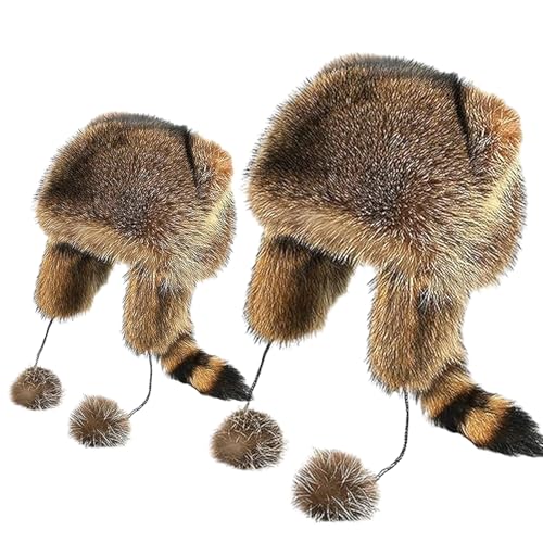 Winter Cute Raccoon Plush Hats, Earflap Warm Parent Child Plush Animall Beanie Cap, Faux Fur Trapper Hat with Pom Poms, Tail
