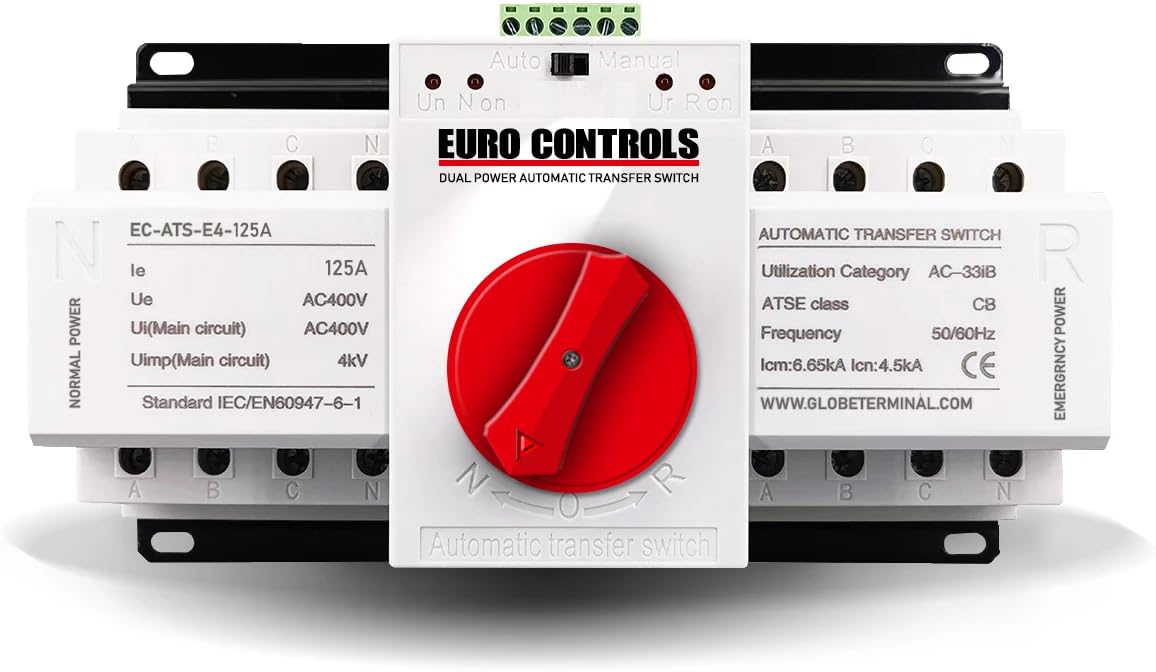 Euro ATS Automatic transfer switch dual source Centre Knob Fast switching with control signal terminals and automatic Motorized changeover Contctr Relay (125 A 4 POLE)