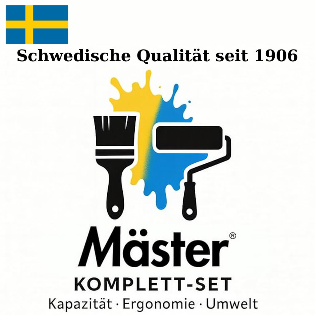 Mäster Malerpinselset für Fassade und alle Oberflächen – Serie Superior – Komplett-Set mit 100 mm Fassadenpinsel, 35 und 70 mm Winkelpinseln, 25 mm x 25 m UV-beständigem Klebeband und Rührstab