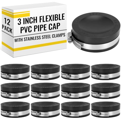 Image of 12 Pack 3 Inch Flexible PVC Pipe Cap with Stainless Steel Clamps - Black Durable End Caps for Drainage, Wastewater & Vent Pipes, Above /below Ground Use
