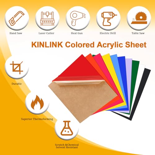 Image of KINLINK 8x8 Plexiglass Sheets 1 /8 inch Thick - 3mm Colored Cast Acrylic Sheet, Plastic Board Polycarbonate Sheet for DIY Project, Craft, Acrylic Sign Wedding Invitation 10 Pack
