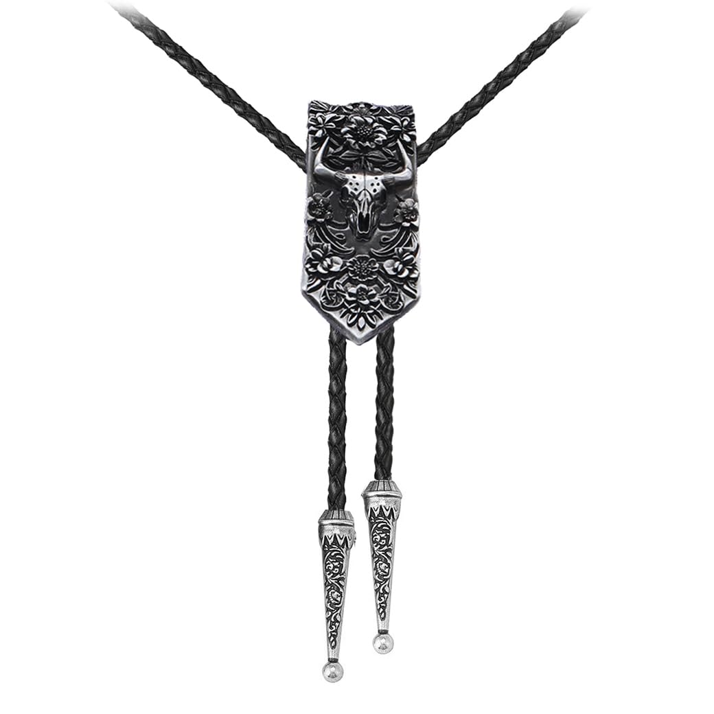 Joxevyia Bolo Tie for Men Vintage Cow Skull Leather Rope Western Cowboy Necktie Vintage Bola Tie Gift for Him