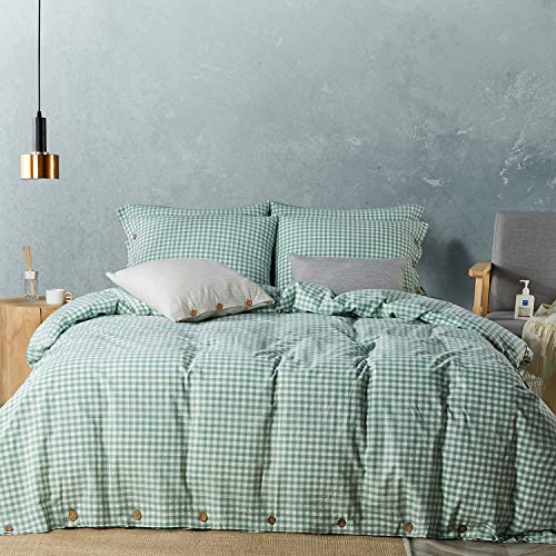 JELLYMONI Green with White Grid 100% Washed Cotton Linen Like Duvet Cover Set, 3 Pieces Ultra Soft Bedding Set with Buttons Closure, Solid Color Pattern Duvet Cover Queen Size(No Comforter)