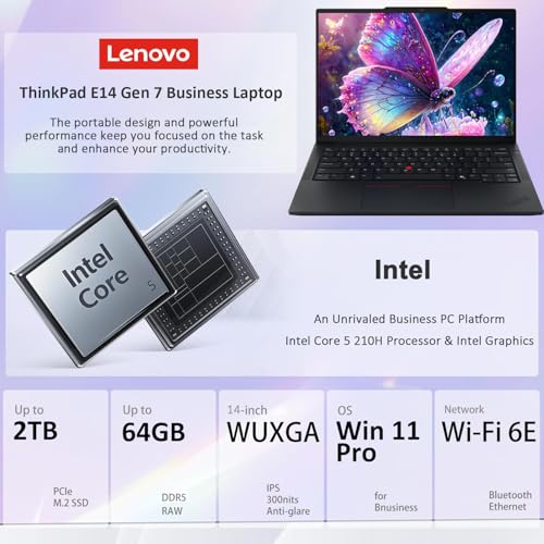 Image of Lenovo ThinkPad E14 Gen 7 Business Laptop, 14 inch FHD+, Intel Core 5 210H (> i7-1355U), FP, IR Webcam, Backlit KB, Thunderbolt 4, IST Computer Customized 16GB /32GB /64GB RAM, 512GB /1TB /2TB SSD, Win 11 Pro