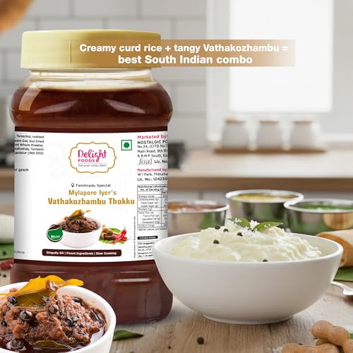 Image of Delight Foods Mylapore Iyer's Vathakuzhambu Thokku 800g Rice Mix | Authentic Tamil Nadu Special Paste | Homemade Recipe Made with Gingelly / Sesame Oil | Tamarind | Ready to Eat | No Preservatives | South Indian Meal
