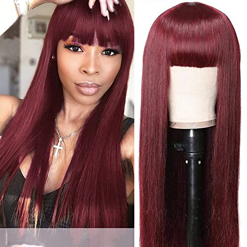 Straight Human Hair Wigs With Bangs Burgundy Wigs Brazilian None Lace Front Wigs Burgundy Human Hair Wigs 150% Density Glueless Machine Made Wigs 20inch