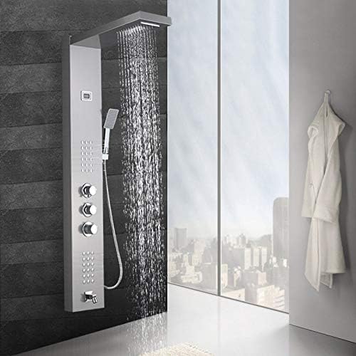 Columna de ducha termostática con panel de masaje, chorro lluvia y cascada, acabado níquel cepillado o bronce negro, fabricada en latón sólido miniatura 1