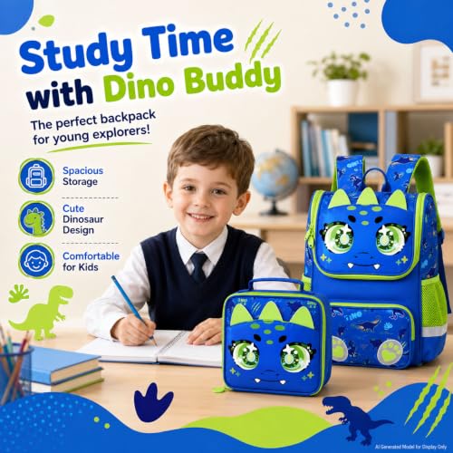 Image of KLFVB 3PCS Backpack for Girls and Boys, 15 inch Unicorn Dinosaur Bookbag with Lunch Box, Kids Preschool School bag