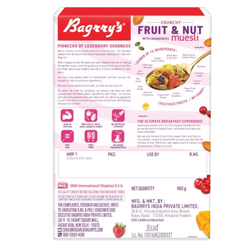 Image of Bagrry's Crunchy Muesli With 30% Fruit & Nut Cranberries 400gm Box|34% Fibre Rich Oats|No Sugar Infused Fruits|Real Fruits|Breakfast Cereal|Protein Rich|Cranberry Muesli
