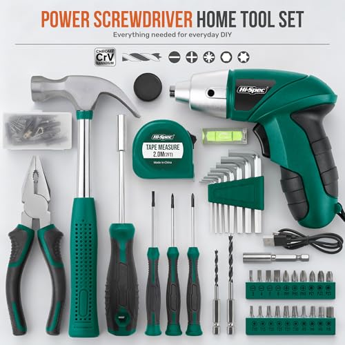 Image of Hi-Spec 4V USB Electric Screwdriver Tool Kit for Home Repairs, Green | 42pc, fast assembly help, common screw bit selection, LED visibility, compact grip, quick household fixes, organized storage