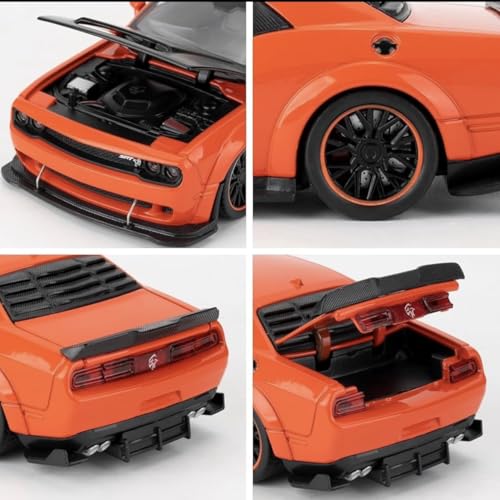 Image of Die-Cast Car Model 1:32 Scale Challenger SRT| Alloy Metal Car with Openable Doors, Hood & Trunk | LED Headlight & Taillight with Sound | Pull Back Toy for Kids & Collectors (Orange)