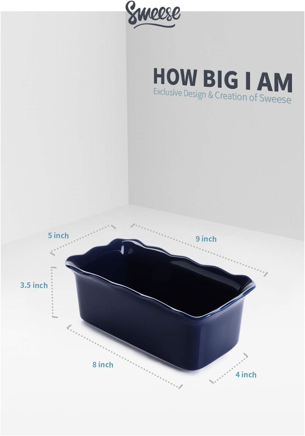 Sweese 519.203 Porcelain loaf pan for Baking, Non-Stick Bread Pan Cake Pan, Perfect for Bread and Meat, 9 x 5 inches, Set of 2, Navy