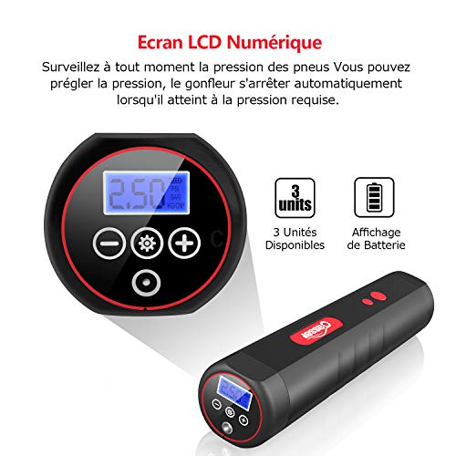 Oasser Compresseur d’Air Portatif Mini Compresseur Voiture Gonfleur Electrique Portable avec Manomètre et Batterie Rechargeable de Capacité 2000 Intégrée 12V AC/DC 120PSI