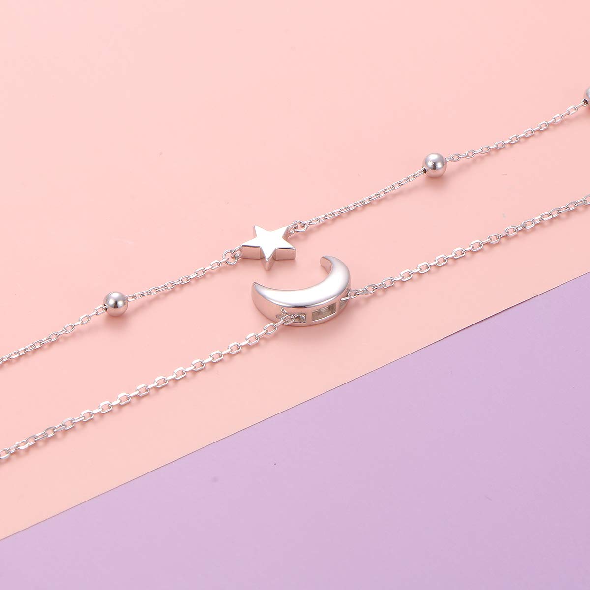 Cavigliera da donna in argento Sterling, girasole, tartarughe, ancora e luna, spiaggia, doppio strato con perle, regalo boho regolabile per ragazze, 9+1 inch, Argento sterling