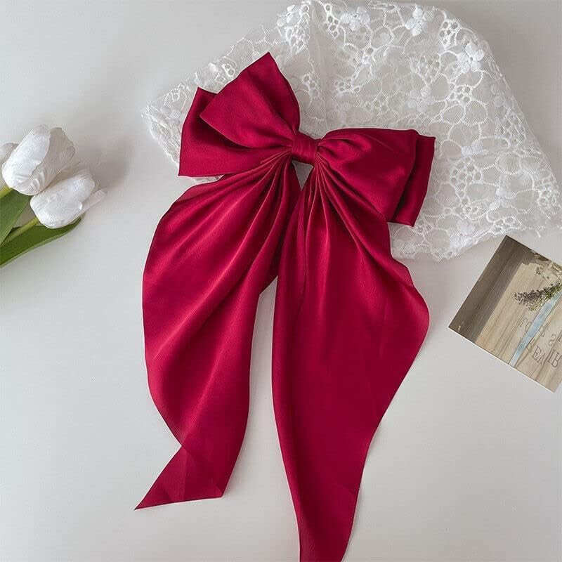 Image of FilterFashion Big Satin Layered Hair Bows for Women Girls 11.5 Inch Barrette Hair Clip Long Back Ribbon Bows French Style Hair Accessories (Black,Maroon,BabyPink,Gold)