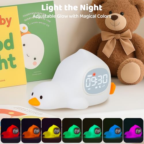 Image of Laying Duck Alarm Clock with Night Light for Kids with Sleep Training and Sound Machine, Rechargeable Silicone Lamp OK to Wake Clock,Cute Animal Tabletop Lamp, Perfect Sleep Companion for Boys Girls