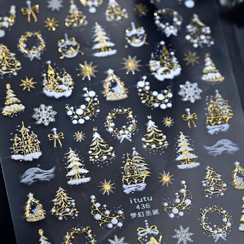 Image of Christmas Nail Art Stickers Xmas Tree Nail Decals Gold Nail Stickers for Nails Art Garland Snowflakes Nails Decals 5D Embossed Self Adhesive Nails Sticker for Women Manicure DIY Decoration Accessories