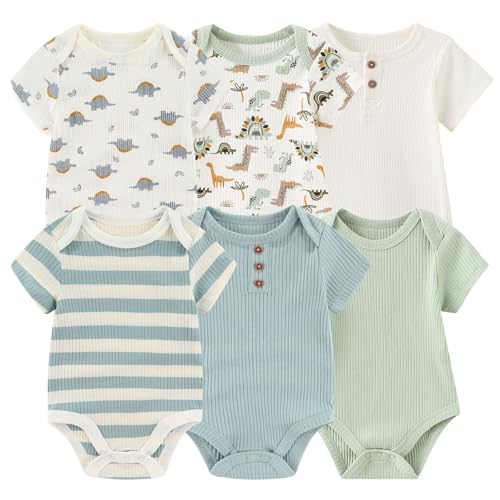 Image of Ruliby Baby Bodysuit 6 Pack Soft Mixed Ribbed Short Sleeve Romper Infant Boy Girl Clothes Set