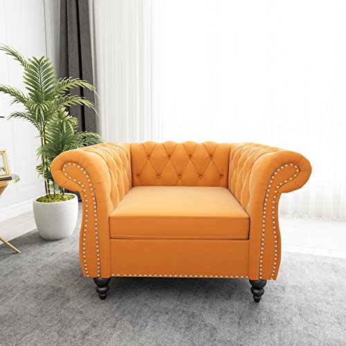 Image of ORRD 2 Piece Living Room Set, Velvet Chesterfield Sofa Loveseat Couch Chair with Scroll Arms and Nailhead for Living Room, Office (Mango)