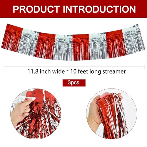Image of BEISHIDA 3 Packs Red Silver Metallic Foil Fringe Garland Red Silver Wall Hanging Tinsel Fringe Banners for Halloween Floats Bridal Shower Wedding Birthday Graduation Holiday Party Decoration(30 Ft)
