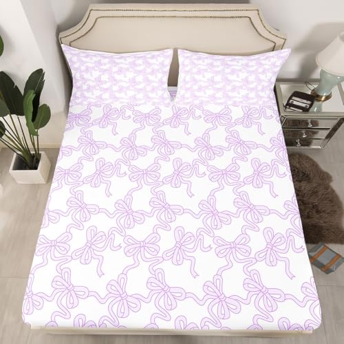 Image of Castle Fairy Cute Bow Bed Sheet Set for Kids,Purple Coquette Bowtie Sheets Set,Watercolor Ribbon Bowknot Preppy Style Home Decor Sheet Sets with Deep Pocket,Top Flat Sheet,Twin Size