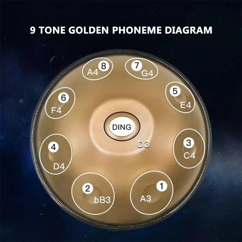 Bęben Ręczny D-moll 432 Hz 9 Nutowy 22-calowy Stalowy Bęben Ręczny, Instrument Bębenkowy Ręczny z Miękką Torbą na Patelnię, 1 Młotki do Ręcznego Instrumentu, Stojak na Patelnię i Ściereczkę Bezpyłową