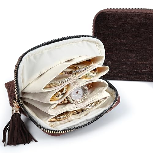 LOTOFUN Jewelry Organizer Case for Travel: 5-Layer Velvet Zipper Pouch Bag for Bangles Link Bracelets Storage Protect from Tangle Scratch (Chocolate Brown)