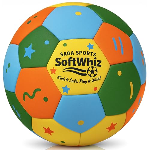 SAGA SPORTS SoftWhiz Colorful Safe Indoor Football Size 4 for kids | Felt-Cover Soft Football for Inside Your Home and Yard – Fun Gift with needle & Mesh Bag