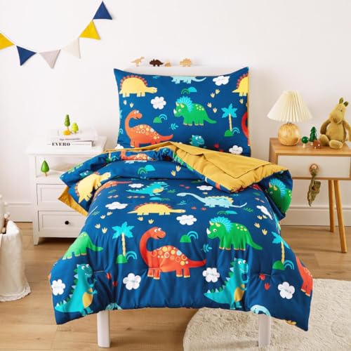 Wake In Cloud - Dinosaur Toddler Bedding Set for Boys Cute Colorful Dinosaurs 4 Pieces Soft Crib Bed Set Including Comforter Sheets and Pillowcase Navy Blue