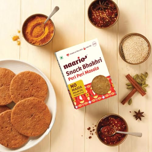 Image of Naario Peri Peri Crackers (12 Calories /pc) Healthy Snack for Kids and Adults | High-Fibre, Whole Wheat Baked Bhakhri Spicy Flavour | Perfect for Guilt-Free Munching | 100g Pack of 4