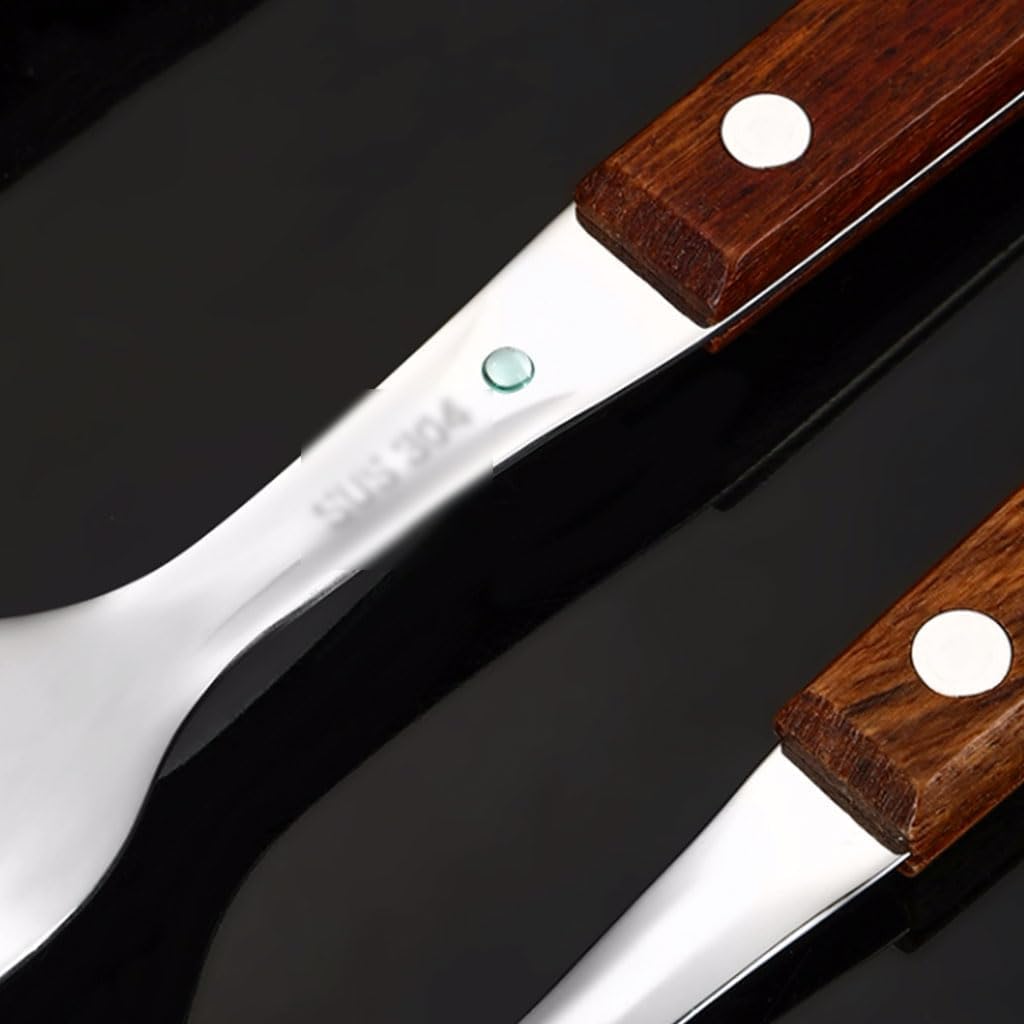 Rieort Ensemble de Couverts 1/2/3 pièces Ensemble d'argenterie Manche en Bois Couteau Fourchette cuillère Ensemble de Vaisselle en Acier Inoxydable Ensemble de Couverts rétro de Luxe