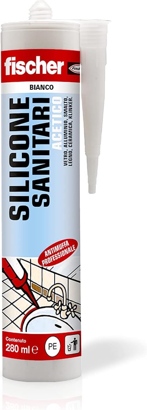Fischer 25 pezzi Silicone Acetico Antimuffa SAS 280 ml, Bianco, per l'Impiego in Ambienti Sanitari