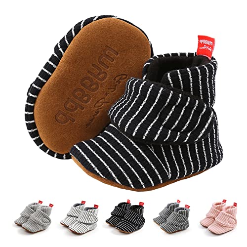 Neband - Baby Fleece Booties Newborn Warm Slippers Cozy Winter Boots Sock Shoes Infant Crib Bootie with Non Skid Bottom 12-18Months (Black Stripes)