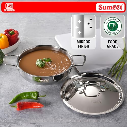 Image of Sumeet ISI Certified Stainless Steel Kadai with Steel Lid & Encapsulated Heavy Bottom |Induction and Gas Compatible | 3Ltr Capacity - 26cm Dia, Silver
