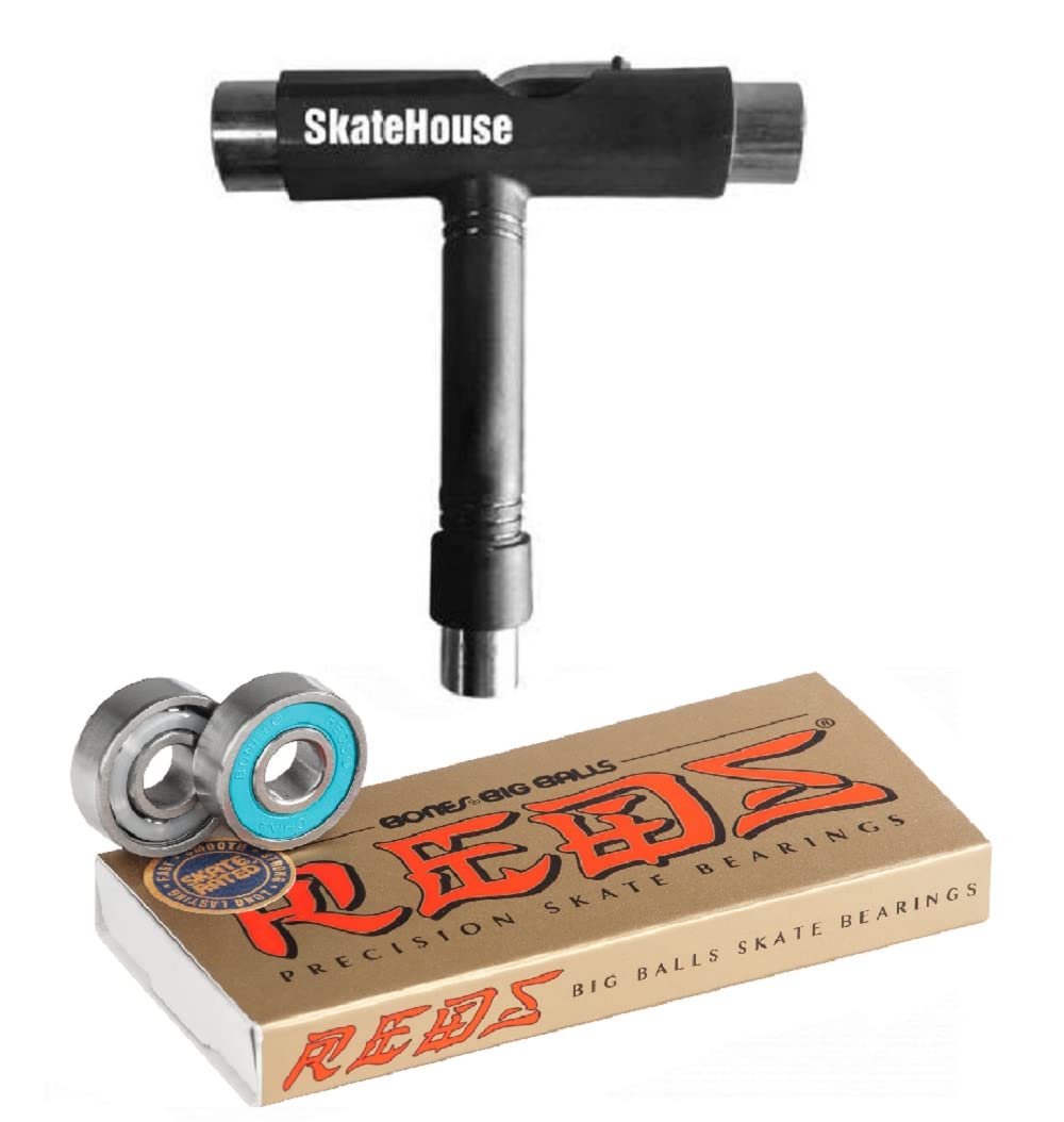 Bones Big Balls Skateboard, Longboard, and Roller Skate Bearings (8 Pack) Bundled with a Free SkateHouse Skateboard T-Handle Tool (Model #608)